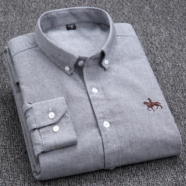 100% Cotton Oxford Shirt Men's Long Sleeve Embroidered Horse Casual Without Pocket Solid Yellow Dress Shirt Men Plus Size 5XL6XL - Encouraging The Truth Organization
