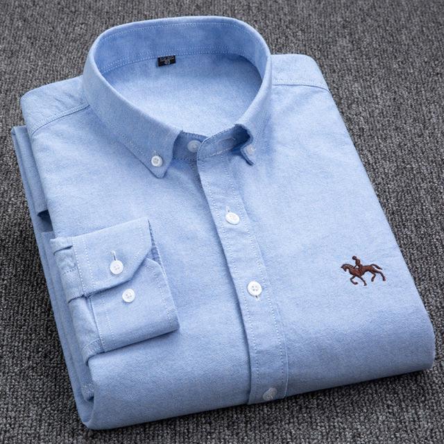 100% Cotton Oxford Shirt Men's Long Sleeve Embroidered Horse Casual Without Pocket Solid Yellow Dress Shirt Men Plus Size 5XL6XL - Encouraging The Truth Organization