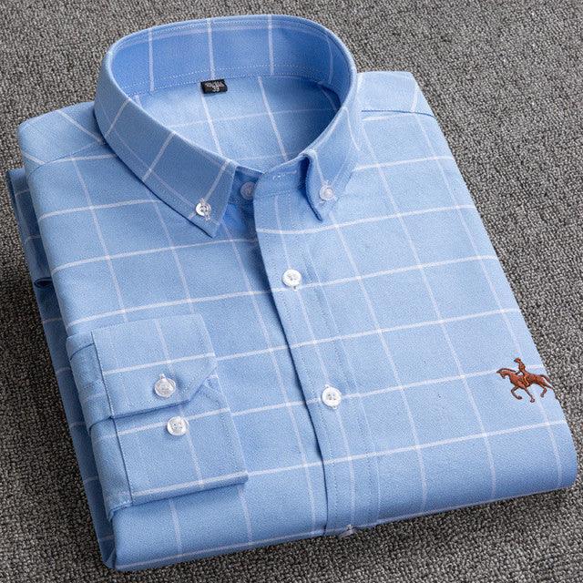100% Cotton Oxford Shirt Men's Long Sleeve Embroidered Horse Casual Without Pocket Solid Yellow Dress Shirt Men Plus Size 5XL6XL - Encouraging The Truth Organization