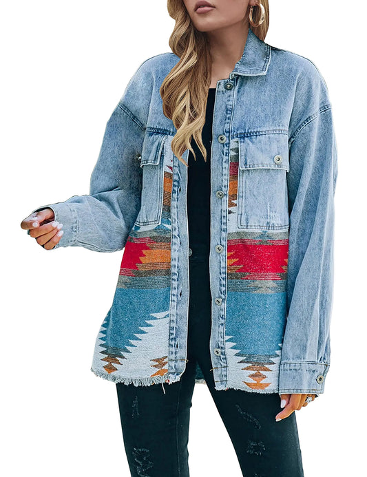 Lumister Aztec Denim Jacket – Distressed Vintage Shacket