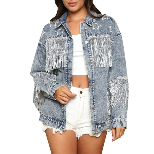 Oversized Denim Jacket – Star Embroidered Western Style with Rhinestones