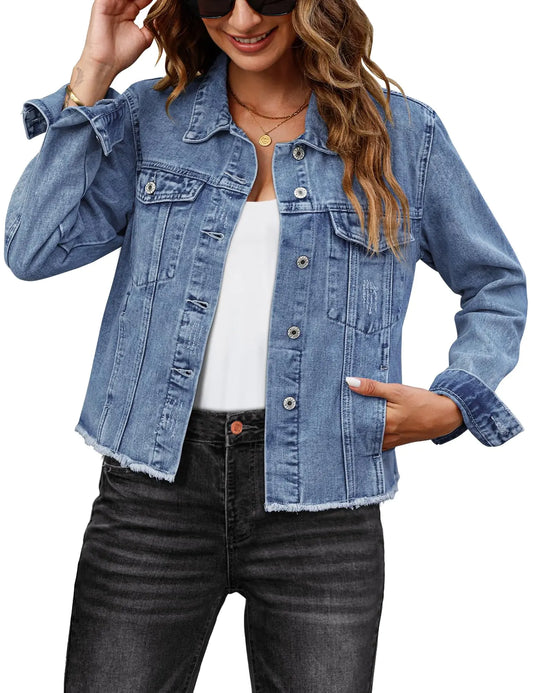Luvamia Lightweight Denim Jacket – Raw Hem Button-Down with Pockets