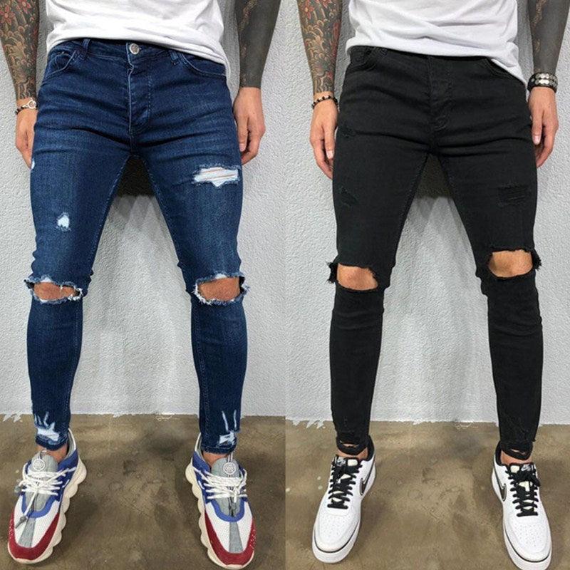 Men Jeans Knee Hole Ripped Stretch Skinny Denim Pants Solid Color Black Blue Autumn Summer Hip-Hop Style Slim Fit Trousers S-4XL - Encouraging The Truth Organization