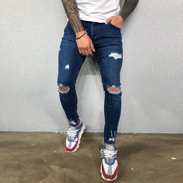 Men Jeans Knee Hole Ripped Stretch Skinny Denim Pants Solid Color Black Blue Autumn Summer Hip-Hop Style Slim Fit Trousers S-4XL - Encouraging The Truth Organization