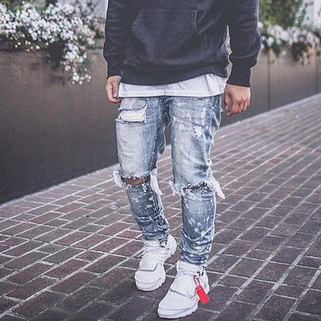 Men Jeans Knee Hole Ripped Stretch Skinny Denim Pants Solid Color Black Blue Autumn Summer Hip-Hop Style Slim Fit Trousers S-4XL - Encouraging The Truth Organization