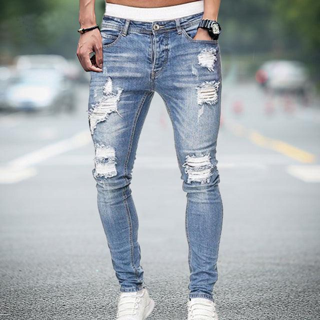 Men Jeans Knee Hole Ripped Stretch Skinny Denim Pants Solid Color Black Blue Autumn Summer Hip-Hop Style Slim Fit Trousers S-4XL - Encouraging The Truth Organization