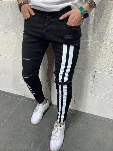 Men Jeans Knee Hole Ripped Stretch Skinny Denim Pants Solid Color Black Blue Autumn Summer Hip-Hop Style Slim Fit Trousers S-4XL - Encouraging The Truth Organization