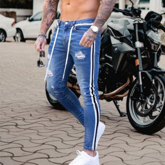 Men Jeans Knee Hole Ripped Stretch Skinny Denim Pants Solid Color Black Blue Autumn Summer Hip-Hop Style Slim Fit Trousers S-4XL - Encouraging The Truth Organization