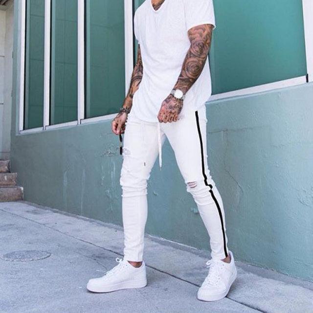 Men Jeans Knee Hole Ripped Stretch Skinny Denim Pants Solid Color Black Blue Autumn Summer Hip-Hop Style Slim Fit Trousers S-4XL - Encouraging The Truth Organization