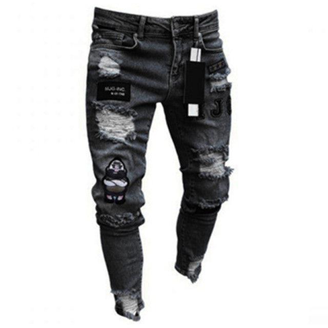 Men Jeans Knee Hole Ripped Stretch Skinny Denim Pants Solid Color Black Blue Autumn Summer Hip-Hop Style Slim Fit Trousers S-4XL - Encouraging The Truth Organization