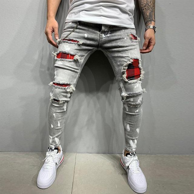 Men Jeans Knee Hole Ripped Stretch Skinny Denim Pants Solid Color Black Blue Autumn Summer Hip-Hop Style Slim Fit Trousers S-4XL - Encouraging The Truth Organization