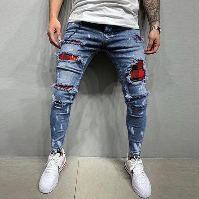 Men Jeans Knee Hole Ripped Stretch Skinny Denim Pants Solid Color Black Blue Autumn Summer Hip-Hop Style Slim Fit Trousers S-4XL - Encouraging The Truth Organization