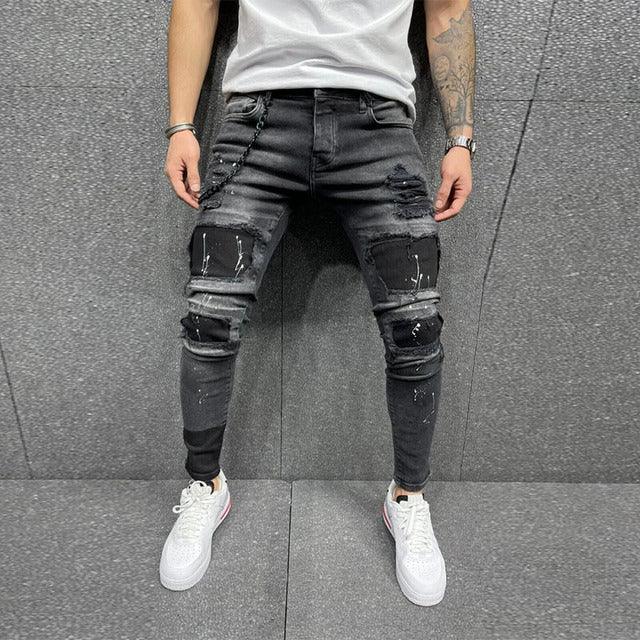 Men Jeans Knee Hole Ripped Stretch Skinny Denim Pants Solid Color Black Blue Autumn Summer Hip-Hop Style Slim Fit Trousers S-4XL - Encouraging The Truth Organization