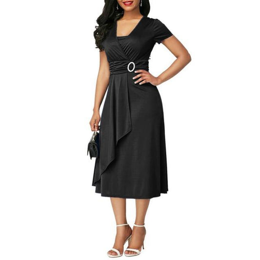 Plus Size Elegant Women Solid Color Short Sleeve V Neck Asymmetric Hem Waist Tight Midi Party Dress Ladies Evening Vestidos - Encouraging The Truth Organization
