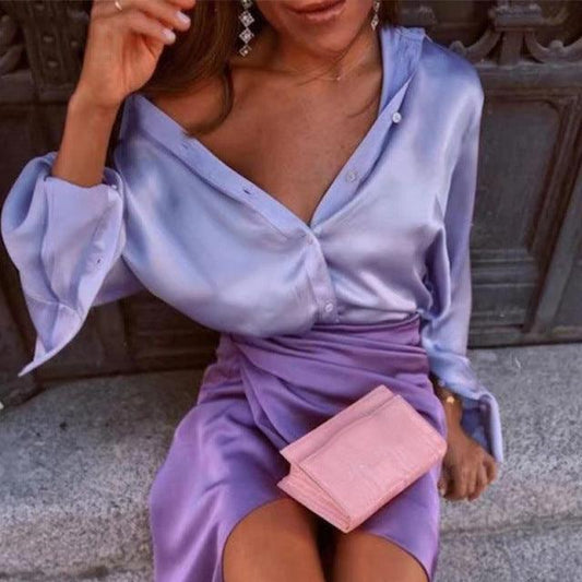 Women 2022 Elegant Satin Solid Long Sleeve Blouses Female Chic Vintage Blue Green Casual Loose Fitting Buttons Down Shirts Tops - Encouraging The Truth Organization