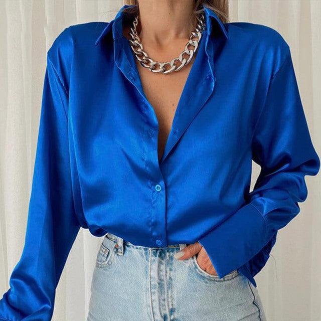 Women 2022 Elegant Satin Solid Long Sleeve Blouses Female Chic Vintage Blue Green Casual Loose Fitting Buttons Down Shirts Tops - Encouraging The Truth Organization