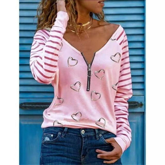 Women's Plus Size Top 2021 New Love Printing T-shirt Sexy V-neck Zipper Neck Long-sleeved T-shirt Casual Loose Pullover Top - Encouraging The Truth Organization