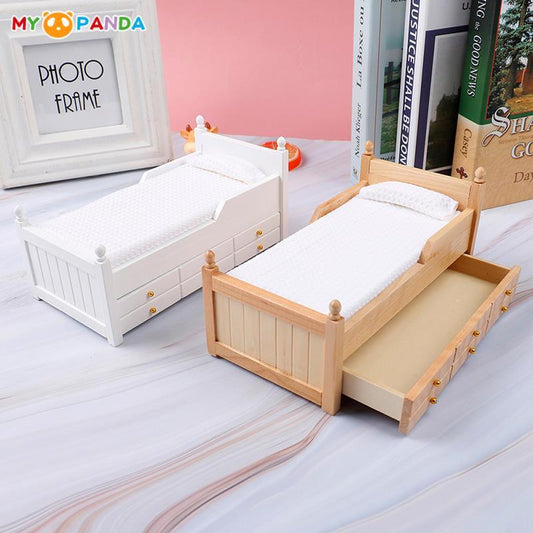 1:12 Dollhouse Miniature Wood Bed with Drawer Bedroom Living Room Sofa Set Simulation Furniture Model - Encouraging The Truth Organization