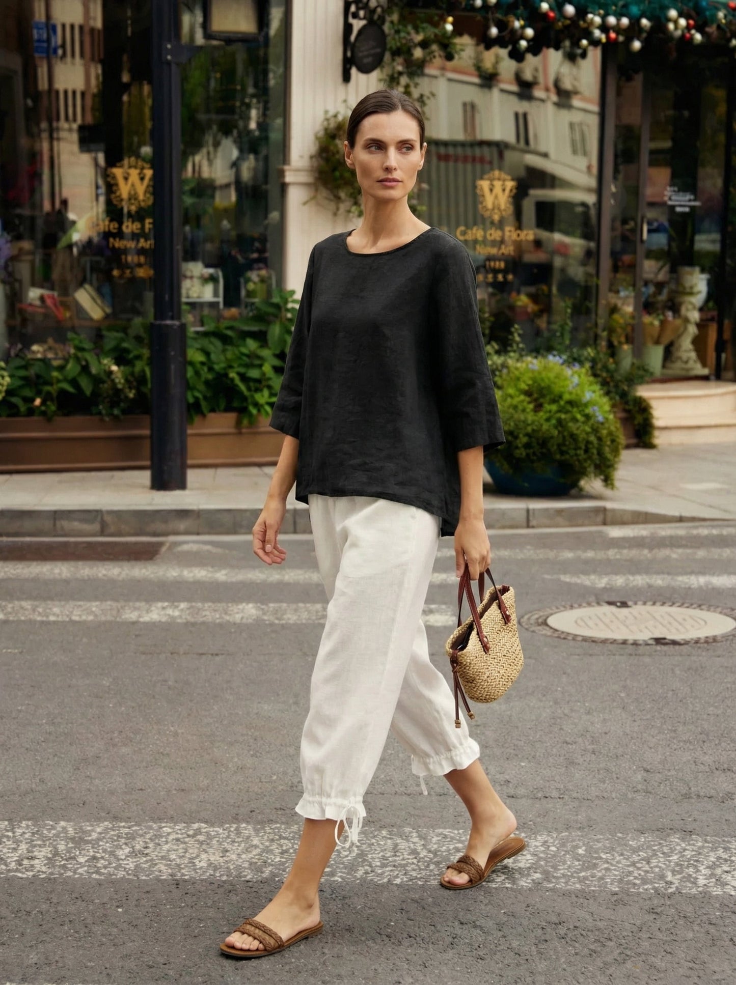100% Linen Round Neck Asymmetrical Hem Top BRIANNA