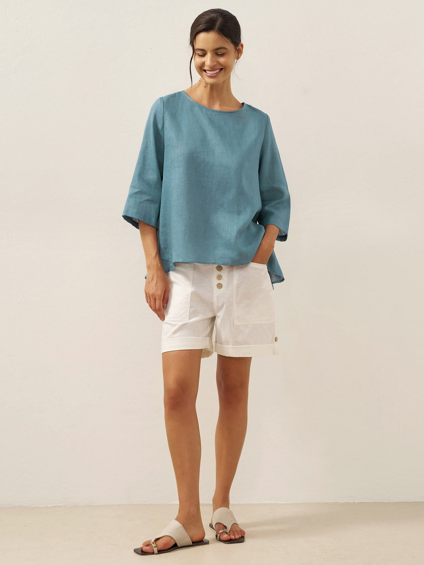 100% Linen Round Neck Asymmetrical Hem Top BRIANNA
