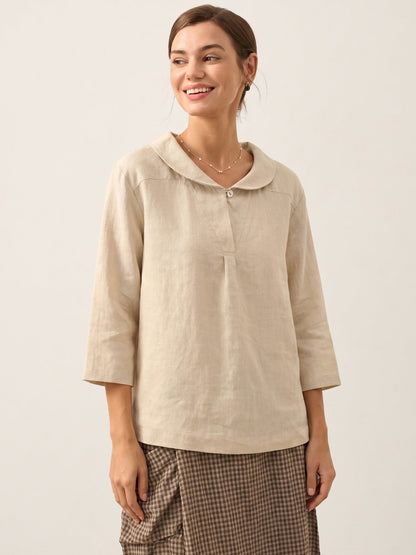 100% Linen Shawl V-Neck Half Sleeve Top JADE