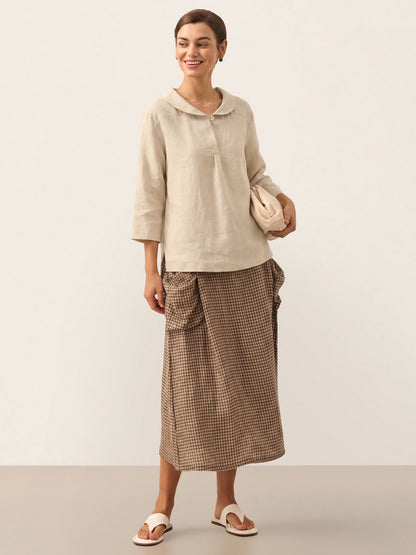 100% Linen Shawl V-Neck Half Sleeve Top JADE