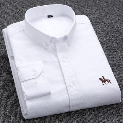 100% Cotton Oxford Shirt Men&#39;s Long Sleeve Embroidered Horse Casual Without Pocket Solid Yellow Dress Shirt Men Plus Size 5XL6XL - Encouraging The Truth Organization