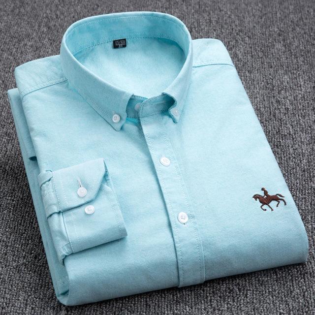 100% Cotton Oxford Shirt Men&#39;s Long Sleeve Embroidered Horse Casual Without Pocket Solid Yellow Dress Shirt Men Plus Size 5XL6XL - Encouraging The Truth Organization