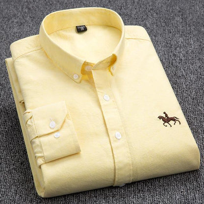 100% Cotton Oxford Shirt Men&#39;s Long Sleeve Embroidered Horse Casual Without Pocket Solid Yellow Dress Shirt Men Plus Size 5XL6XL - Encouraging The Truth Organization