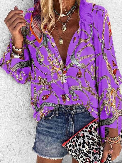 2022 New Design Plus Size Women Blouse V-neck Long Sleeve Chains Print Loose Casual Shirts Womens Tops And Blouses - Encouraging The Truth Organization