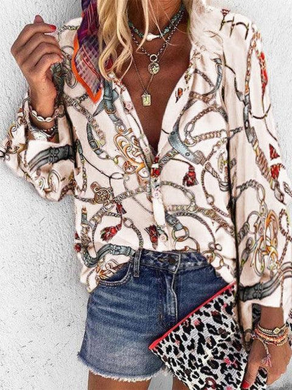 2022 New Design Plus Size Women Blouse V-neck Long Sleeve Chains Print Loose Casual Shirts Womens Tops And Blouses - Encouraging The Truth Organization