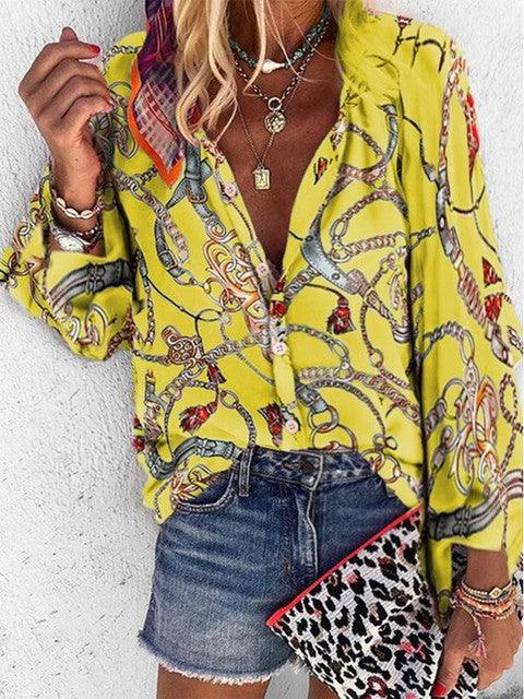 2022 New Design Plus Size Women Blouse V-neck Long Sleeve Chains Print Loose Casual Shirts Womens Tops And Blouses - Encouraging The Truth Organization