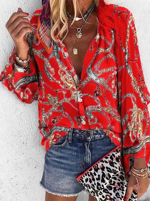 2022 New Design Plus Size Women Blouse V-neck Long Sleeve Chains Print Loose Casual Shirts Womens Tops And Blouses - Encouraging The Truth Organization