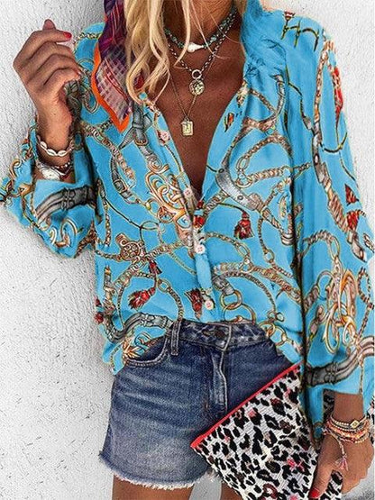 2022 New Design Plus Size Women Blouse V-neck Long Sleeve Chains Print Loose Casual Shirts Womens Tops And Blouses - Encouraging The Truth Organization