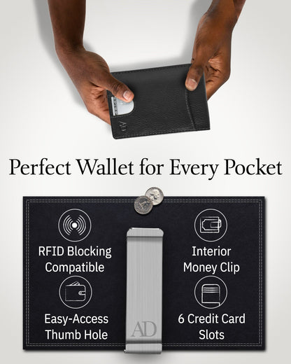 Genuine Leather Slim Money Clip Wallet – 7 Card Slots, RFID Blocking