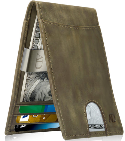 Genuine Leather Slim Money Clip Wallet – 7 Card Slots, RFID Blocking
