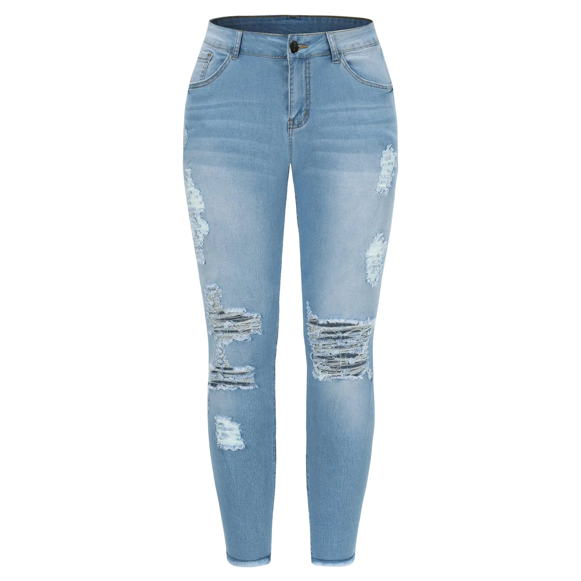Women's Mid Rise Distressed Cropped Jeans - Light Blue