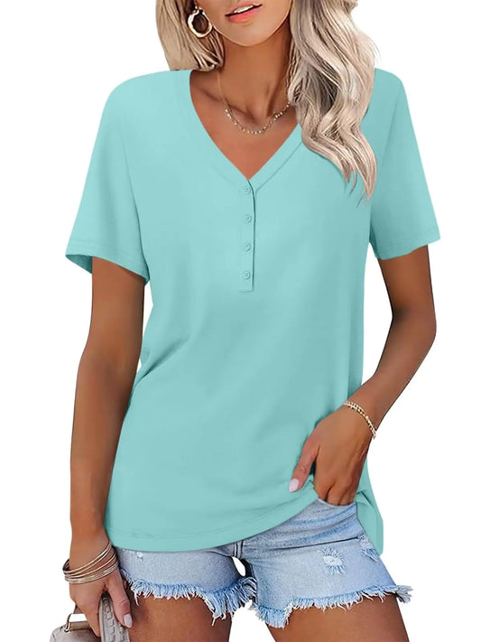 Women's V-Neck Short Sleeve Top - Solid Casual Summer Tee