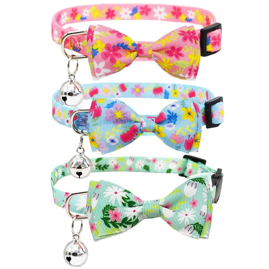 3 Pack Breakaway Cat Collars with Bow Tie & Bell - Adjustable Safety Collars with Removable Flower Bowties