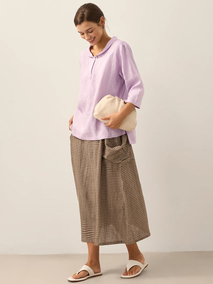 100% Linen Shawl V-Neck Half Sleeve Top JADE