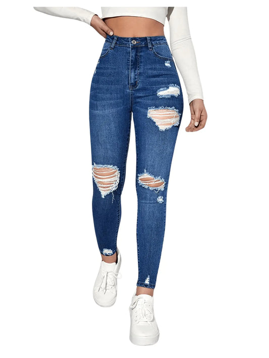 Women's High Waist Distressed Skinny Jeans - Dark Wash