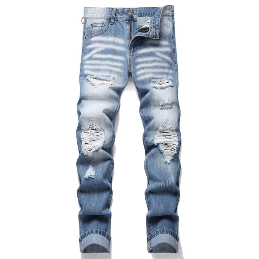 OIIIO Ripped Slim Fit Straight Leg Jean – Distressed Blue Denim