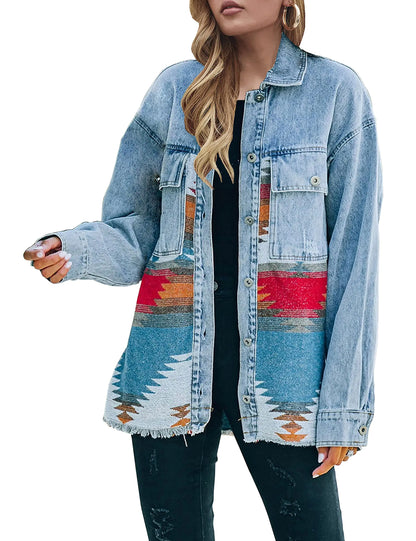 Lumister Aztec Denim Jacket – Distressed Vintage Shacket