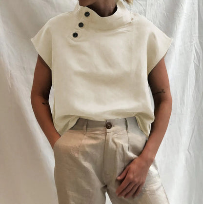 Women's Button Neck Top - Wide Neck Cotton Tee