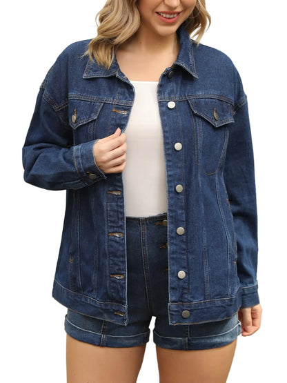CIMUK Oversized Denim Jacket – Dark Blue Button-Down with Pockets