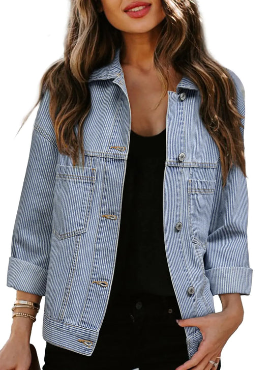 Sidefeel Oversized Denim Jacket – Sky Blue Stripe Boyfriend Fit
