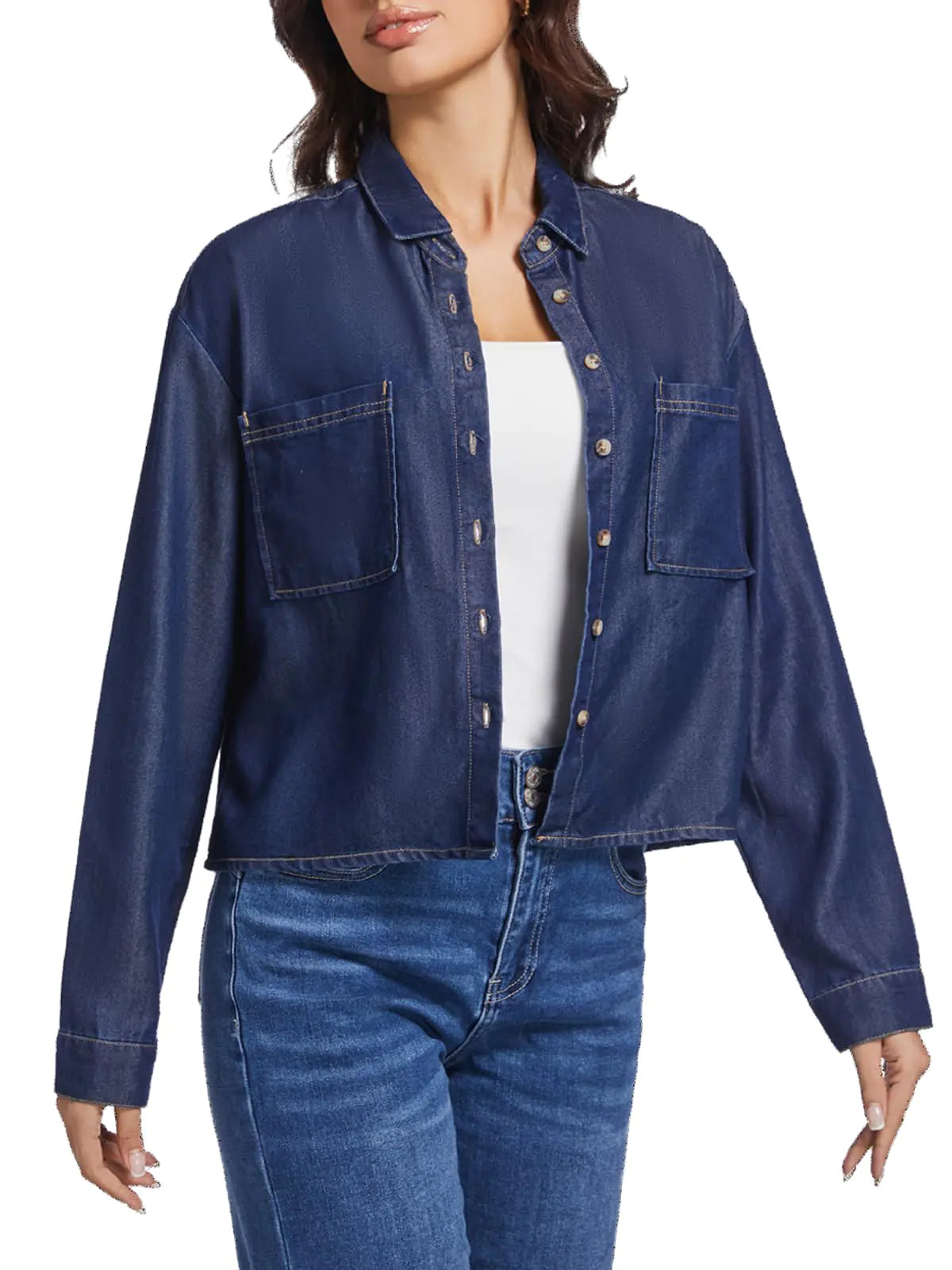 Cropped Denim Shirt Jacket – Button-Down with Pockets