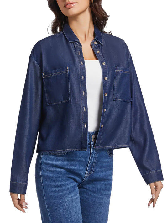 Cropped Denim Shirt Jacket – Button-Down with Pockets