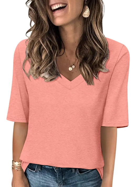 TICTICMISS Womens V Neck T Shirts Half Sleeve Tops Casual Solid Summer Tees Coral Pink