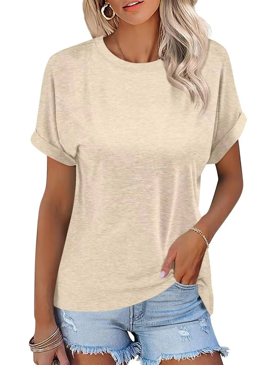 Women's Rolled Short Sleeve Tee - Crewneck Loose Casual Top